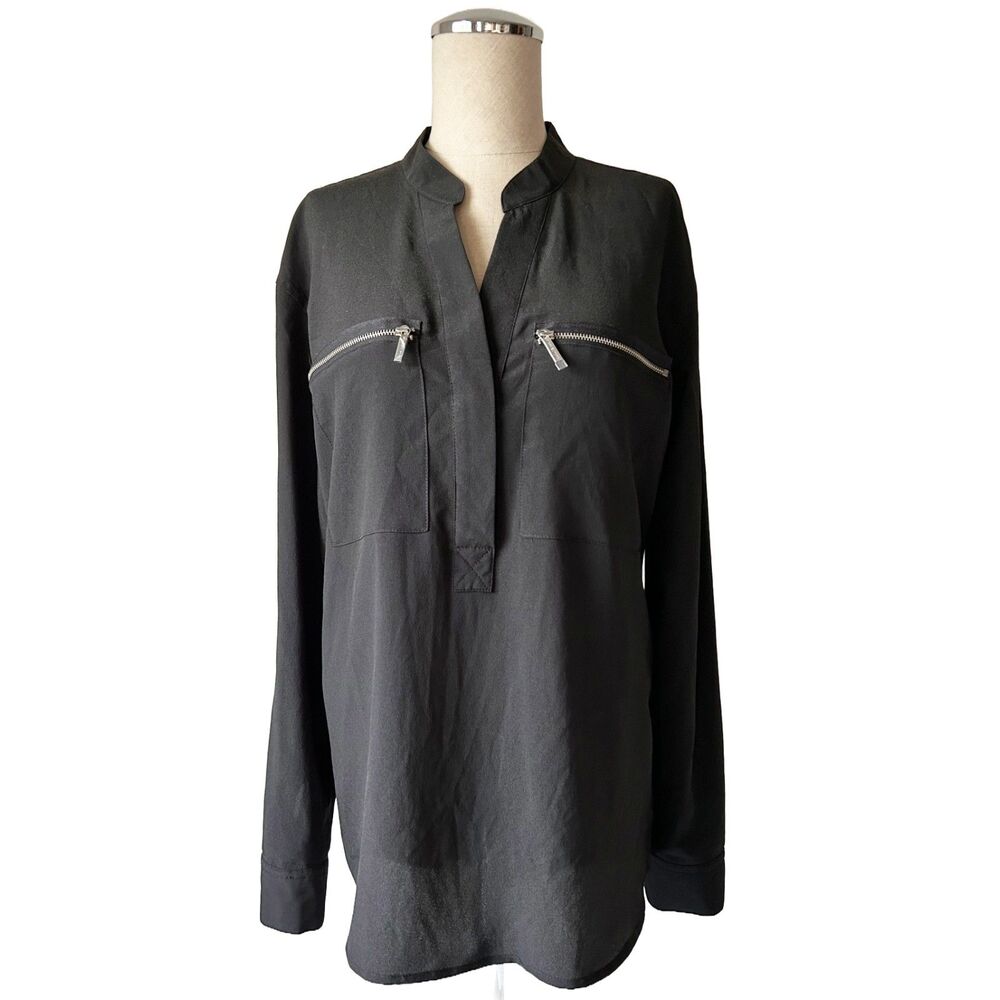 MIchael Kors V Neck Tunic Women's 8 Black Zip Pocket Long Sleeve w/Roll Tab